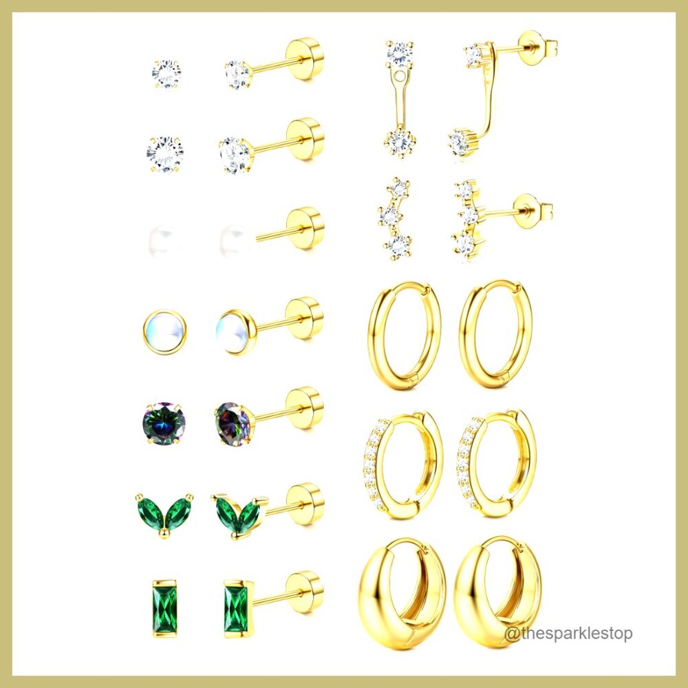 14K Gold Plated Surgical Steel Flat Back Earrings, Hypoallergenic Stud Sets